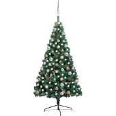 vidaXL Belyst halv plastgran med kulor grön 150 cm