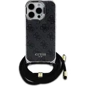 GUESS Crossbody Cord 4G Fodral med tryck och nyckelband för iPhone 16 Pro - Svart