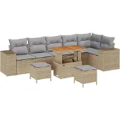 vidaXL Trädgårdsoffset med kudde 9 pcs Beige och Ljusgrå konstrotting