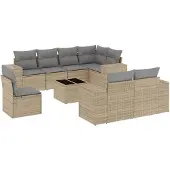vidaXL Soffgrupp för trädgården med dynor 9 delar beige konstrotting
