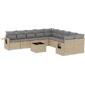 vidaXL Loungegrupp för trädgården m. dynor 11 delar beige konstrotting