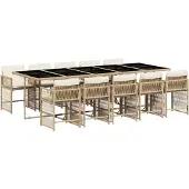 vidaXL Matgrupp för trädgården med dynor 11 delar beige konstrotting