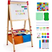 Vevor Konststaffli för barn, 3-i-1 trä dubbelsidigt konststaffli för barn med magnetisk whiteboard, svarta tavlor, pappersrulle, justerbar stående ritbräda med målartillbehör, förvaring för pojke och