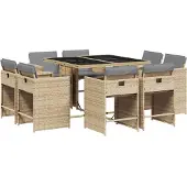 vidaXL Matgrupp för trädgården med dynor 9 delar mixbeige konstrotting
