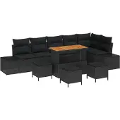 vidaXL Trädgårdsoffset med kudde med lagring 10 pcs Svart Poly rattan
