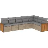 vidaXL Matgrupp för trädgården med dynor 7 delar beige konstrotting