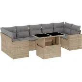 vidaXL Matgrupp för trädgården med dynor 8 delar beige konstrotting
