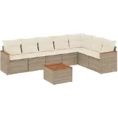 vidaXL Matgrupp för trädgården med dynor 8 delar beige konstrotting