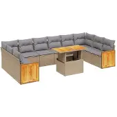 vidaXL Loungegrupp för trädgården m. dynor 11 delar beige konstrotting