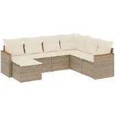 vidaXL Matgrupp för trädgården med dynor 7 delar beige konstrotting