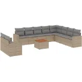 vidaXL Loungegrupp för trädgården m. dynor 11 delar beige konstrotting