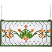 Vevor Glaspanel i målat glas, 810 x 433 mm, hängande överljuspanel i Tiffany-stil med kedja, stor horisontell rektangulär glaspanel i färgat glas, traditionellt konsthantverk för köksinredning
