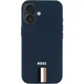BOSS Matte-blue iPhone 16 case with signature-stripe branding