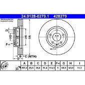 Ate Bromsskiva 24.0128-0279.1 fram, ventilerad, 1 Stycke