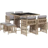 vidaXL Matgrupp för trädgården med dynor 9 delar mixbeige konstrotting