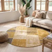 FRAAI Rund patchwork matta | Spring Patchwork gul/taupe | Ø 100 cm | Polypropen | Lappteknik | Rund | Låg lugg