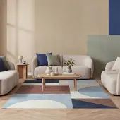 FRAAI Geometrisk matta | Swing Shapes blå/brun hos Volero | 120x170cm | Polyester | Geometrisk | Rektangulär | Plattvävd