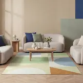 FRAAI Geometrisk matta | Swing Shapes blå/grön hos Volero | 140x200cm | Polyester | Geometrisk | Rektangulär | Plattvävd