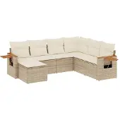 vidaXL Matgrupp för trädgården med dynor 7 delar beige konstrotting