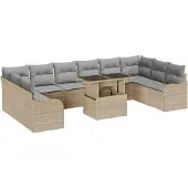vidaXL Trädgårdsoffset med kudde med kudde 11 pcs Beige Poly Rattan