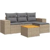 vidaXL Soffgrupp för trädgården med dynor 5 delar beige konstrotting
