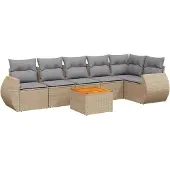 vidaXL Matgrupp för trädgården med dynor 7 delar beige konstrotting