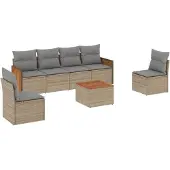 vidaXL Matgrupp för trädgården med dynor 7 delar beige konstrotting