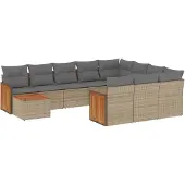 vidaXL Loungegrupp för trädgården m. dynor 11 delar beige konstrotting