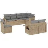 vidaXL Matgrupp för trädgården med dynor 8 delar beige konstrotting