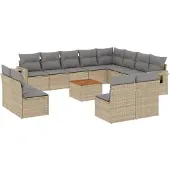 vidaXL Soffgrupp för trädgård med dynor 13 delar mixbeige konstrotting
