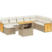 vidaXL Soffgrupp för trädgården med dynor 9 delar beige konstrotting