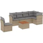 vidaXL Matgrupp för trädgården med dynor 7 delar beige konstrotting