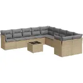 vidaXL Loungegrupp för trädgården m. dynor 11 delar beige konstrotting