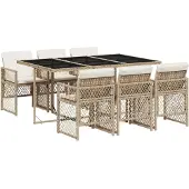 vidaXL Matgrupp för trädgården med dynor 7 delar beige konstrotting