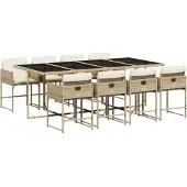 vidaXL Matgrupp för trädgården med dynor 9 delar beige konstrotting