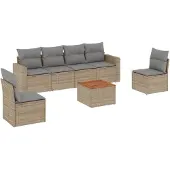 vidaXL Soffgrupp för trädgård med dynor 7 delar mixbeige konstrotting