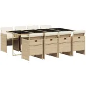 vidaXL Matgrupp för trädgården med dynor 9 delar beige konstrotting