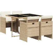 vidaXL Matgrupp för trädgården med dynor 5 delar beige konstrotting