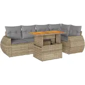 vidaXL Soffgrupp för trädgården med dynor 6 delar beige konstrotting