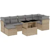 vidaXL Matgrupp för trädgården med dynor 8 delar beige konstrotting