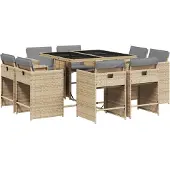 vidaXL Matgrupp för trädgården med dynor 9 delar mixbeige konstrotting