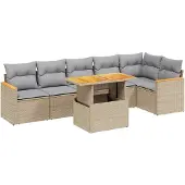 vidaXL Matgrupp för trädgården med dynor 7 delar beige konstrotting