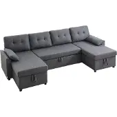 Vevor U-formad bäddsoffa, bäddsoffa med 2 sidofack, 2 kuddar och dubbel schäslong, utdragbar bäddsoffa med 6 platser och stor förvaringskapacitet för vardagsrum, lägenhet, metallram, grå