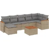 vidaXL Matgrupp för trädgården med dynor 8 delar beige konstrotting