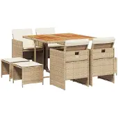 vidaXL Matgrupp för trädgården med dynor 9 delar beige konstrotting