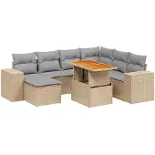 vidaXL Matgrupp för trädgården med dynor 8 delar beige konstrotting