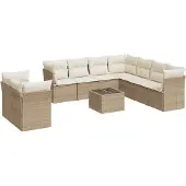 vidaXL Soffgrupp för trädgård med dynor 10 delar beige konstrotting