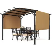 Vevor 10 x 10 fot utomhuspergola, metallpergola med välvd topp, infällbar pergola med solskydd, stor uteplatspaviljong, kraftig trädgårdspergola för altan, veranda, pool