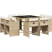vidaXL Matgrupp för trädgården med dynor 9 delar beige konstrotting