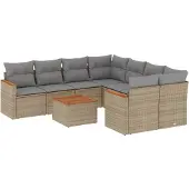vidaXL Soffgrupp för trädgården med dynor 9 delar beige konstrotting